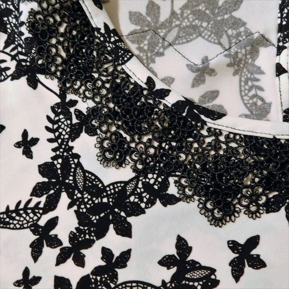 Karl Lagerfeld Shirt XL Black White Floral 3/4 Sleeves Lace Trim Polyester Blend - Picture 4 of 8